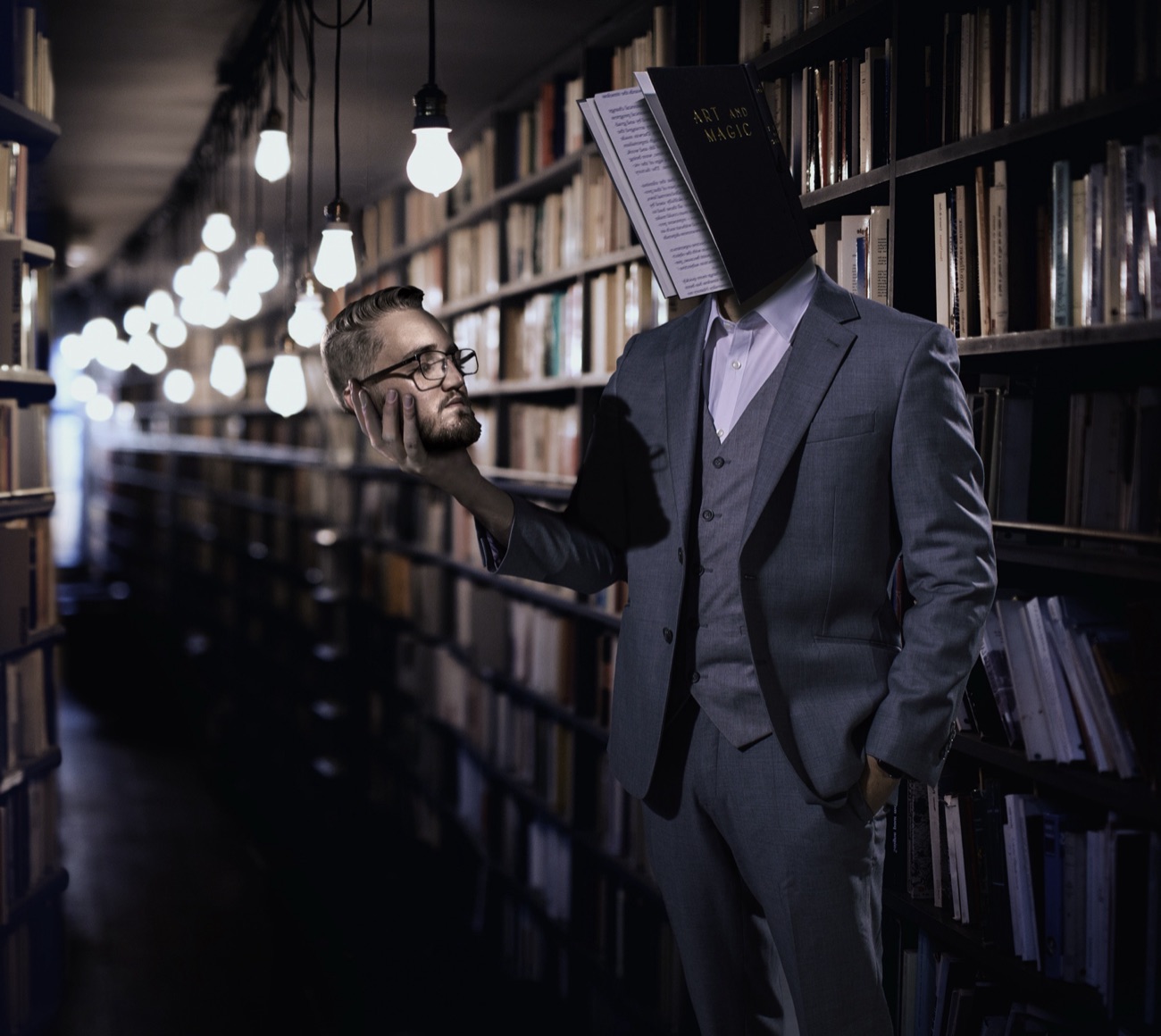 A figure in a shadowed library reading a book titled Art and Magic